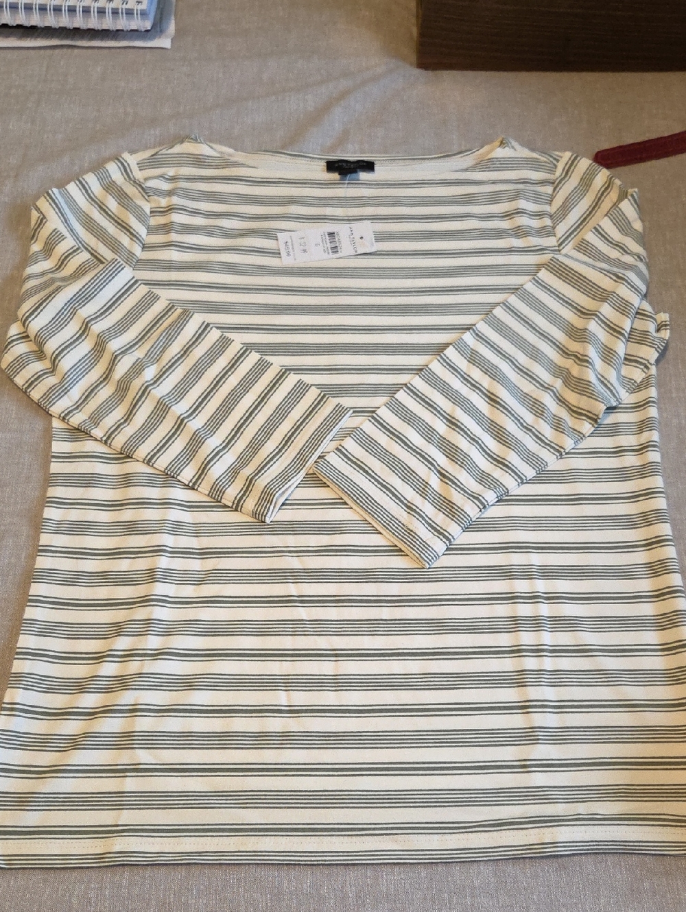Ann Taylor Cream and Green Striped Long-Sleeve Top